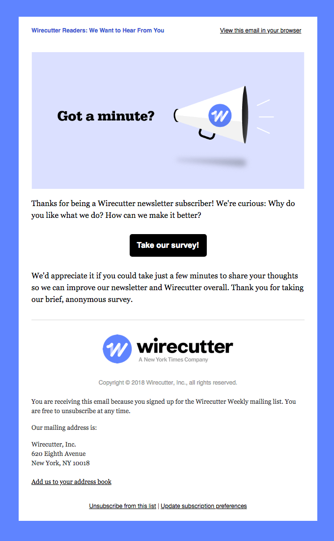 A feedback email by Wirecutter