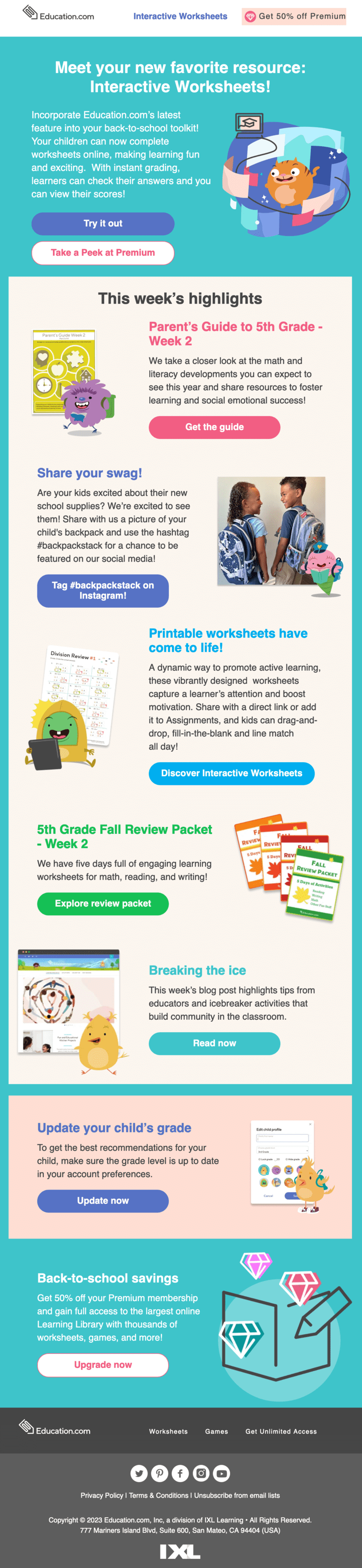 Back-to-school email with guides and worksheets for a parent of a 5th grader