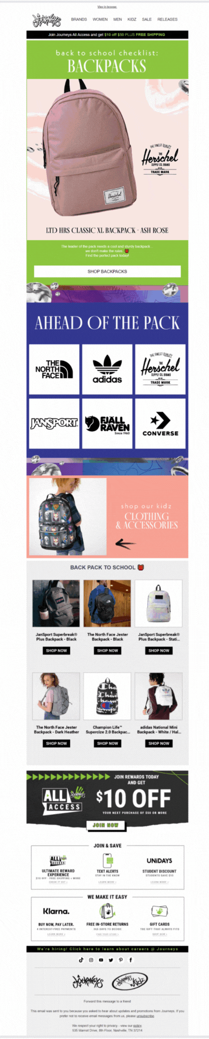 Email from Journeys promoting backpacks that make you “ahead of the pack” and features a GIF showcasing a variety of backpacks from Kanken, The North Face, Converse, Vans, and more