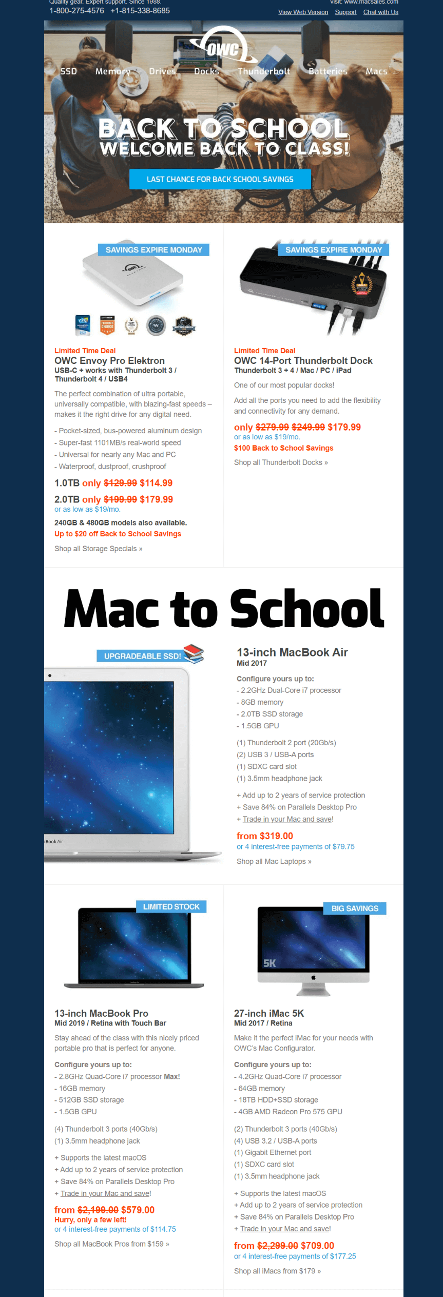 Back to school email from Mac Sales that offers discounts on Apple computers with a sense of urgency created with a subject line, prices highlighted in red, and phrases “hurry, only a few left!” and “last chance for back to school savings”