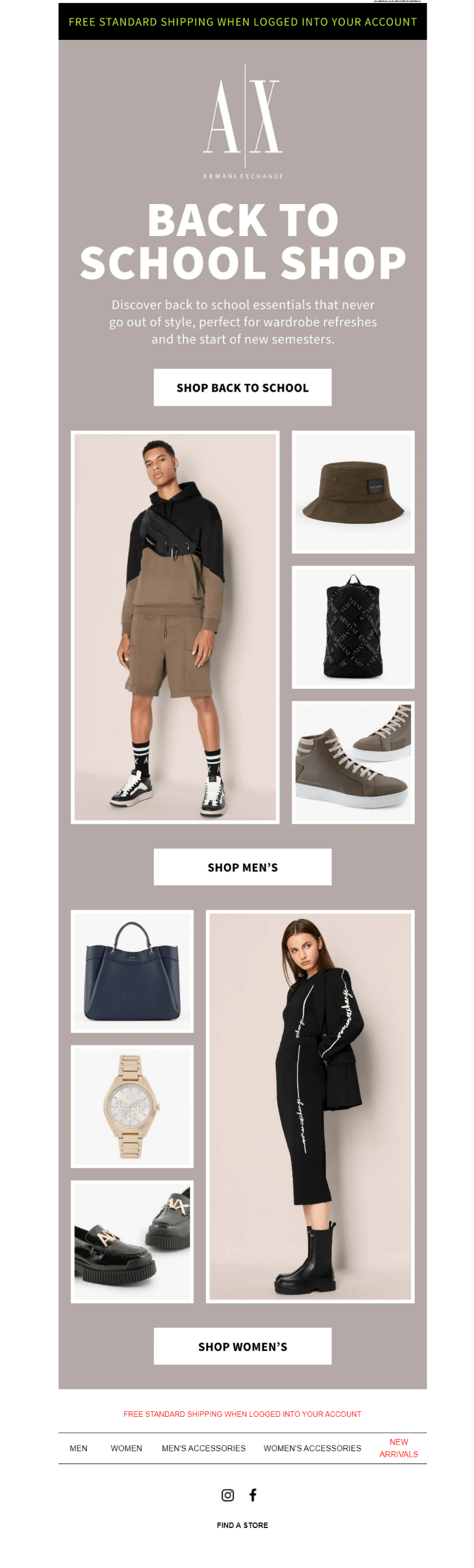 Back to school email from Armani Exchange that promotes a new collection that never goes out of style and is perfect for refreshing the wardrobe