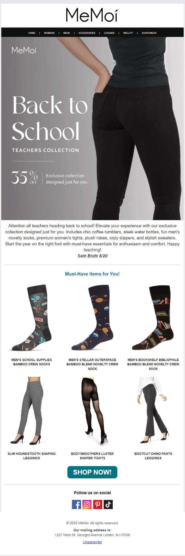 Email from MeMoi Fashion that promotes a teachers’ collection of clothes, fun socks, tights, and accessories like water bottles
