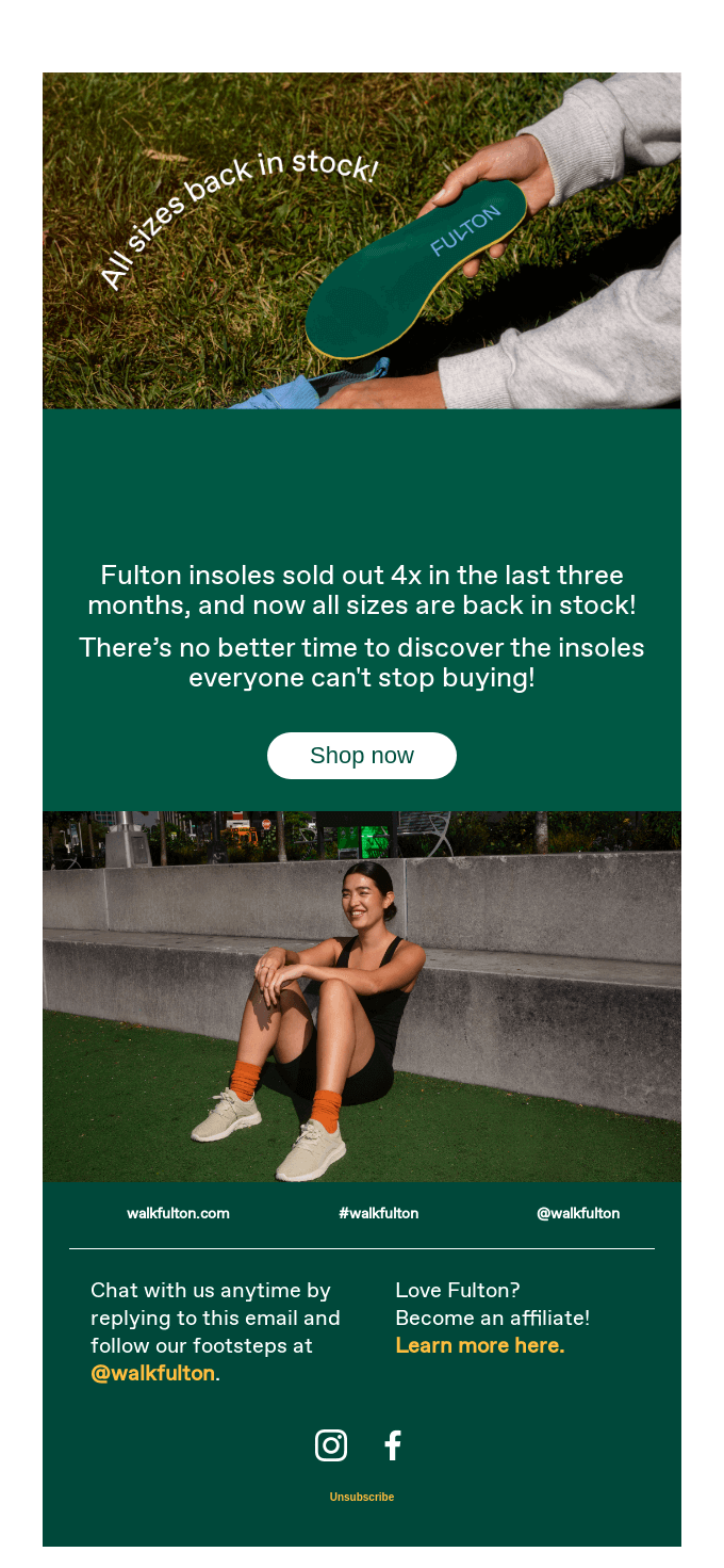Fulton’s back in stock email campaign