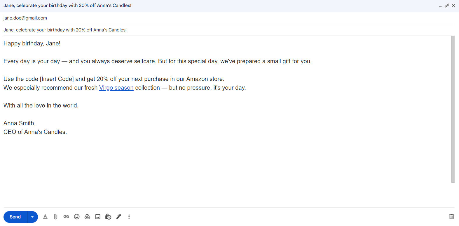 Amazon seller birthday email example