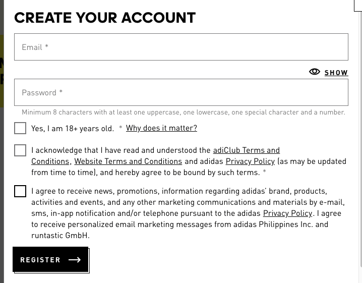 A screenshot of Adidas’ email signup form