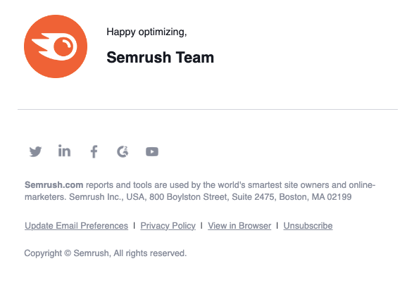 A screenshot of a Semrush email’s footer