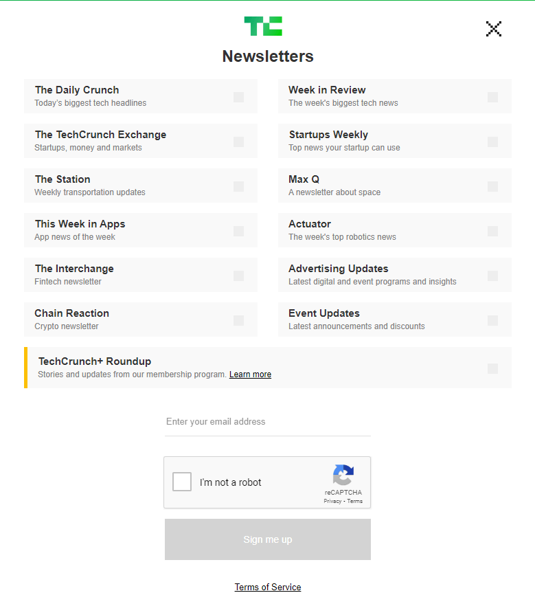 A screenshot of TechCrunch’s email signup form