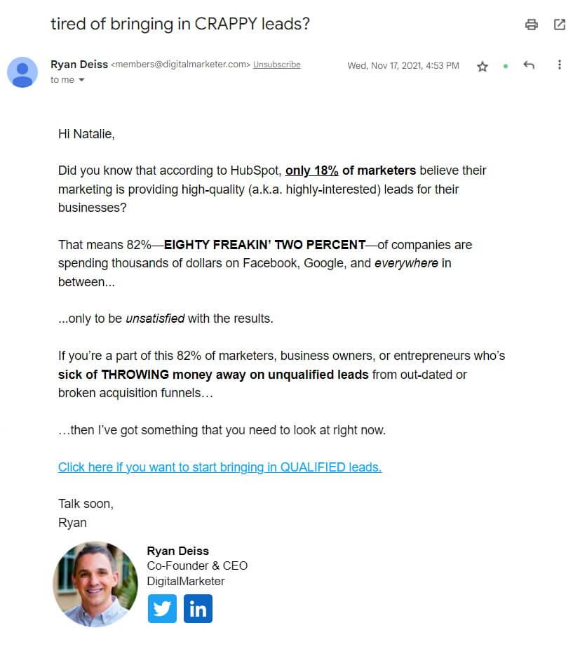 Ryan Deiss’s email with differing formatting and font sizes