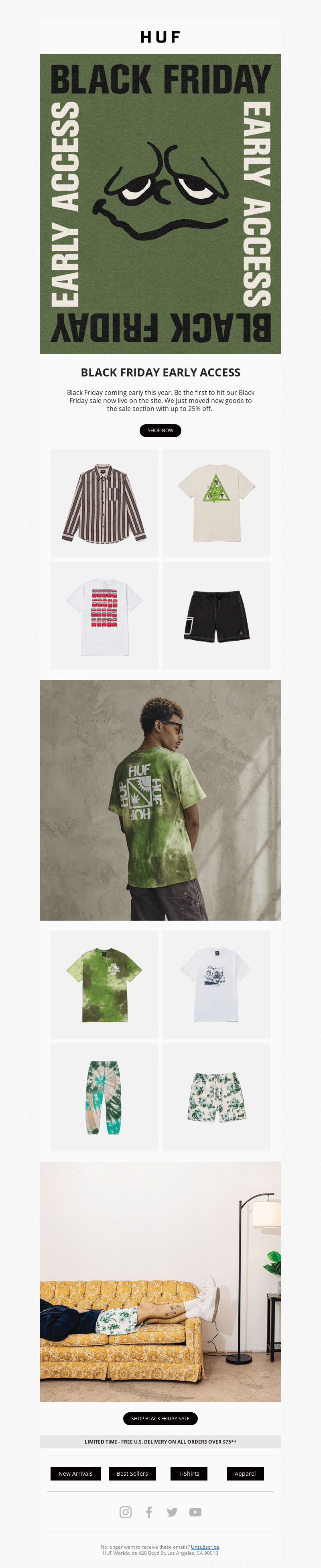 Black Friday email from HUF with a warm green banner with a content face and product recommendations below it