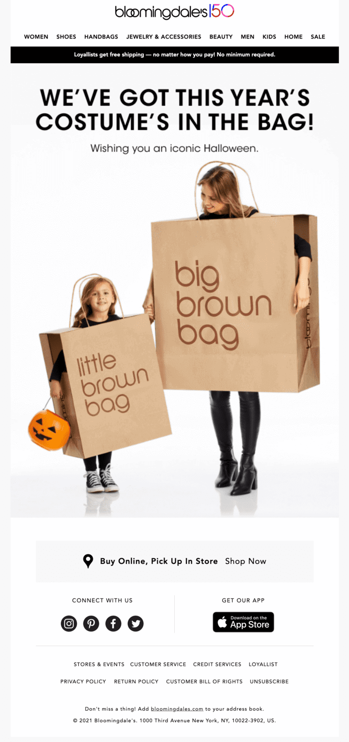 A Halloween email with the text We’ve got this year’s costume in a bag and a woman and a girl wearing the shop’s store paper bags as costumes