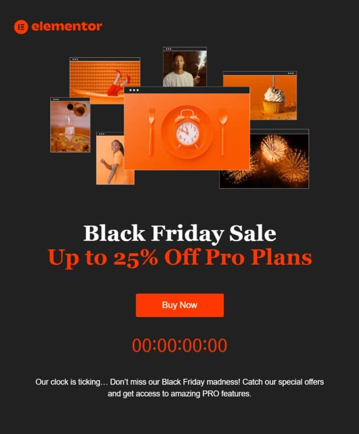 Black Friday email from Elementor with a countdown announcing a 25% off on Pro plans