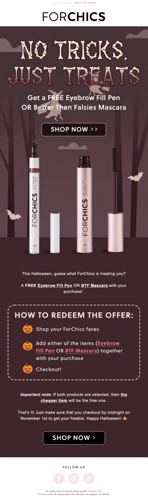 Halloween email promoting a free mascara or brow gel offer