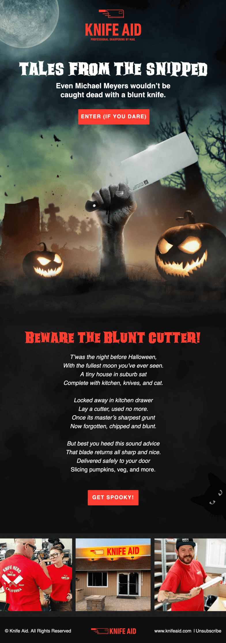 A Halloween email with a scary poem and a Get spooky! button