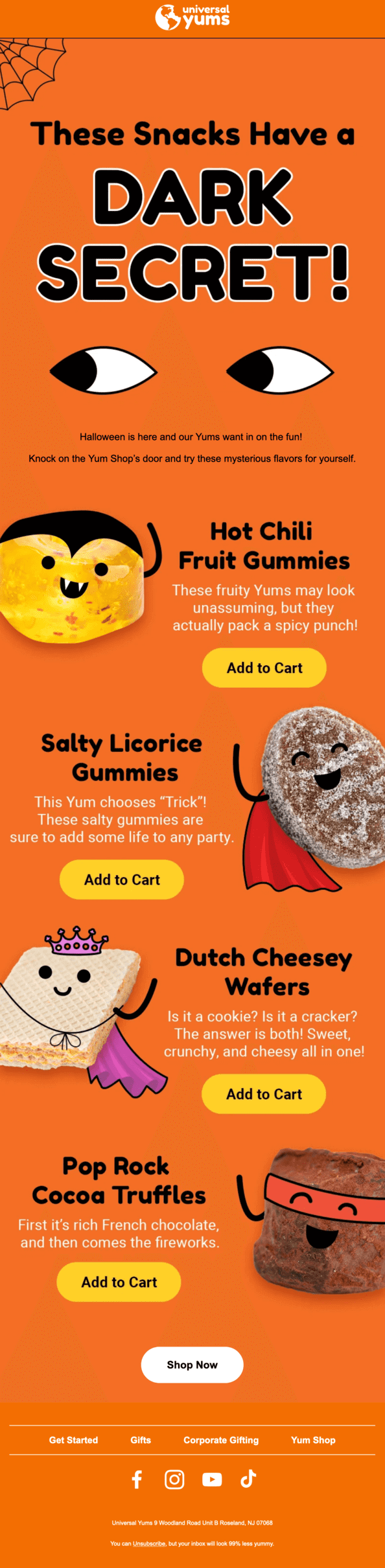 A Halloween email promoting different snacks
