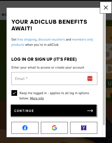 A screenshot of a pop-up form from Adidas