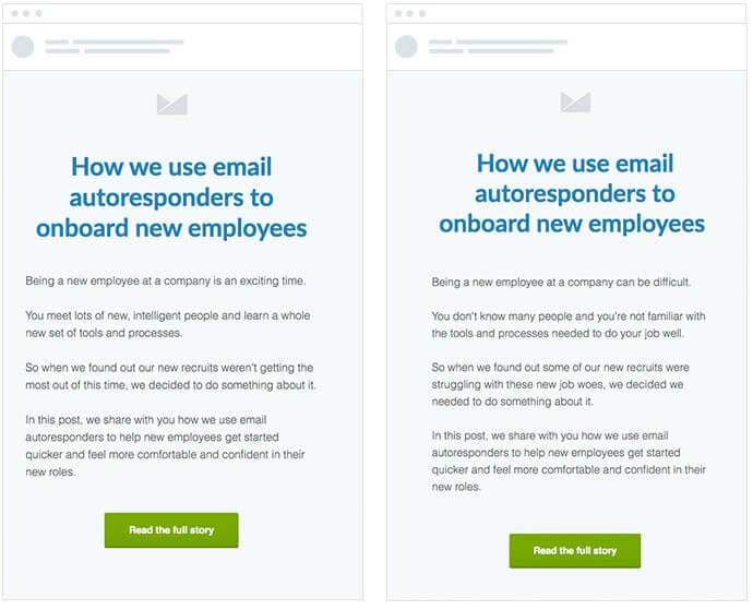 Email copy A/B testing example