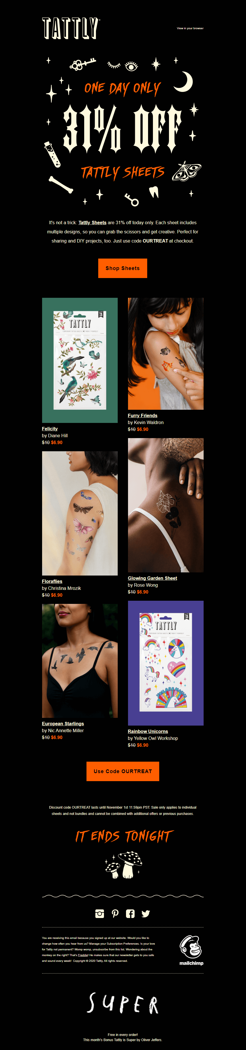 Tattly Halloween discount 31% off email