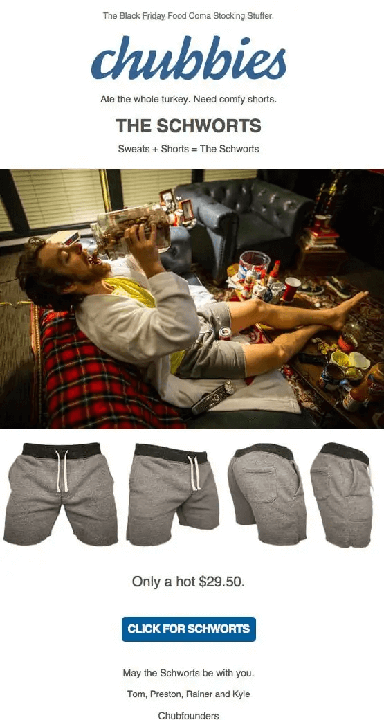 Black Friday email from Chubbies with the Schworts — sweats + shorts model
