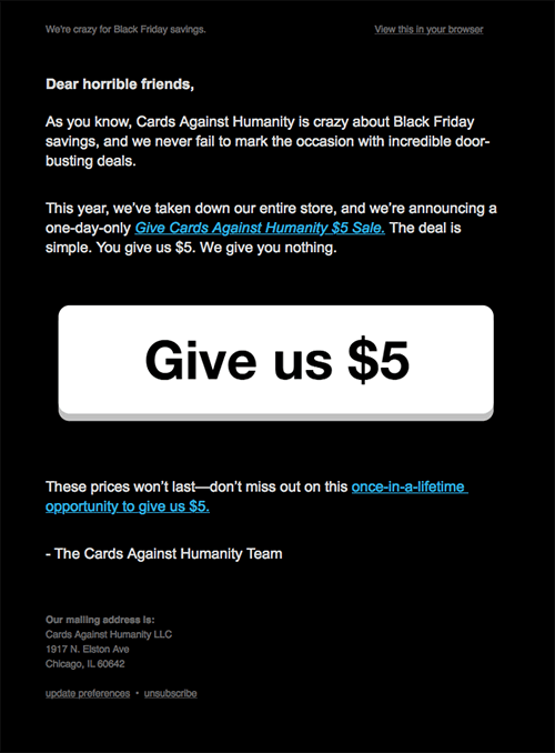 Black Friday Email from Cards Against Humanity