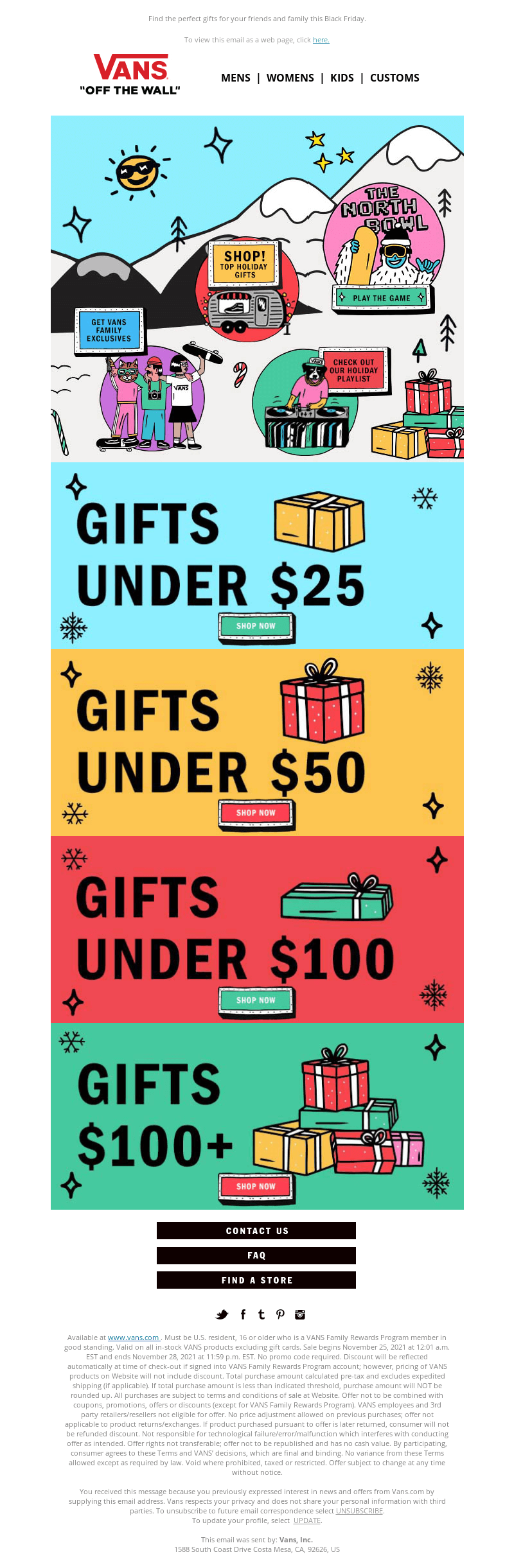 Black Friday email from Vans with a winter holiday design and different buttons for different price points’ gifts