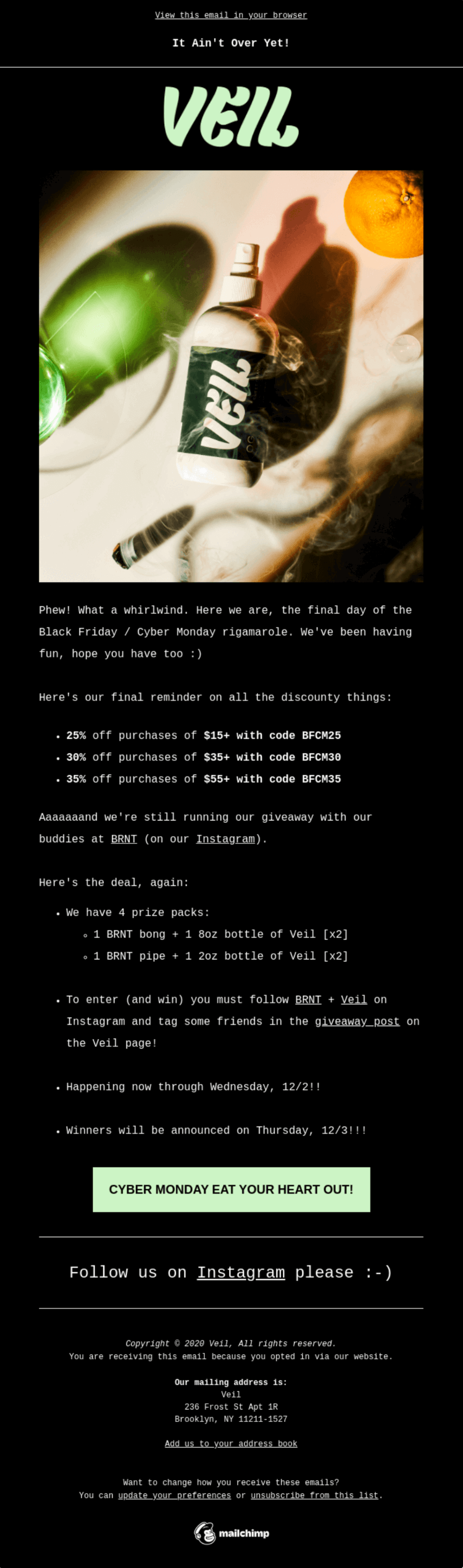 Black Friday email from Veil with a minimalistic, retro-feeling design
