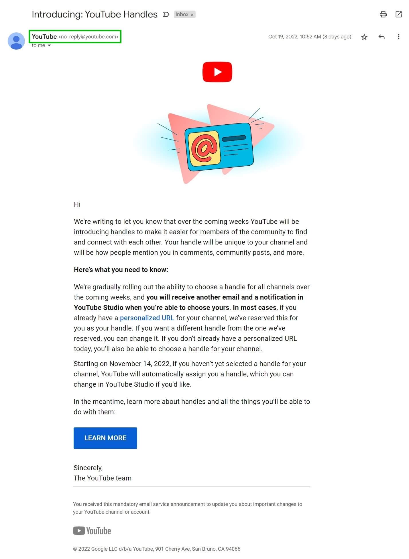 No-reply email from YouTube