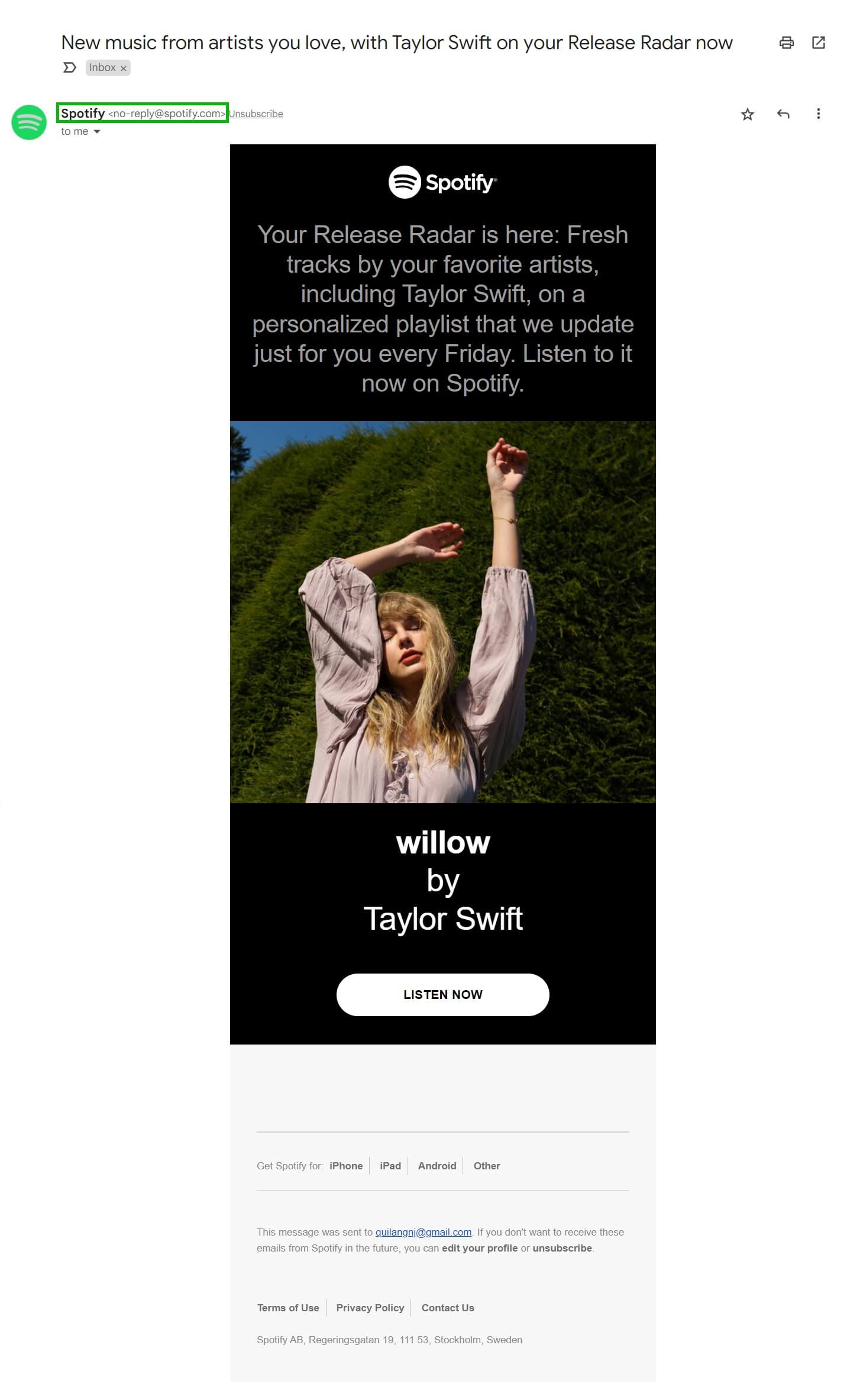 Example of no-reply email from Spotify