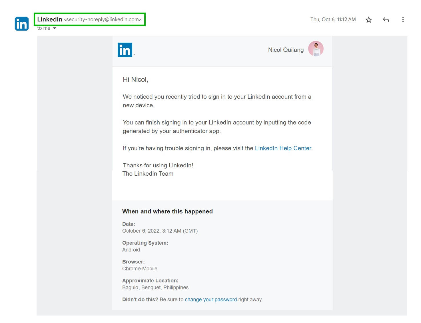 No-reply email from LinkedIn