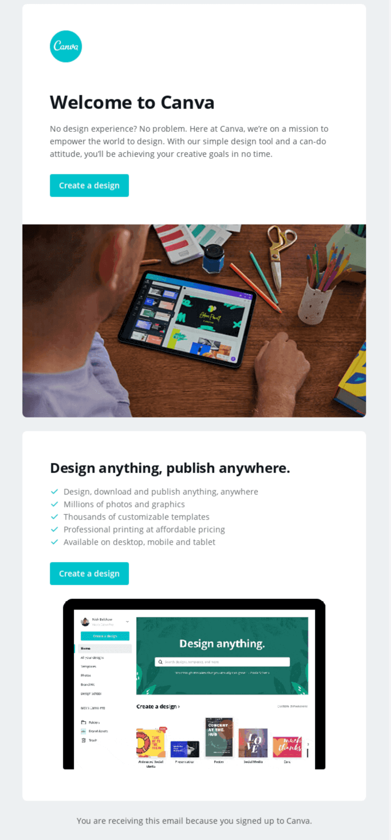 Welcome email from Canva