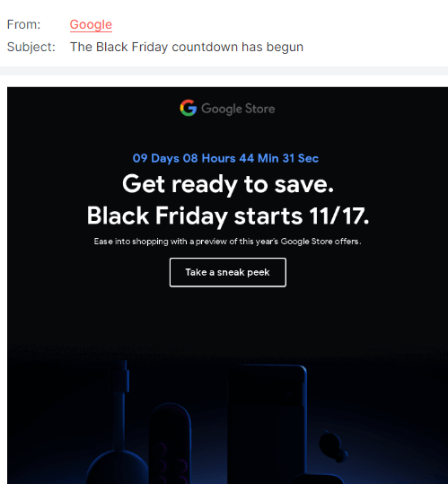 Black Friday email with the subject line The Black Friday countdown has begun