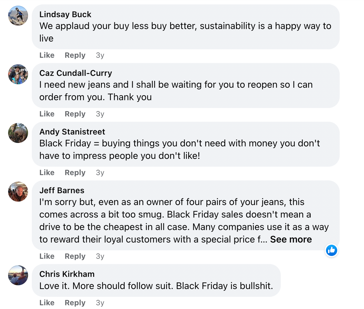 Mostly supportive Facebook comments to Huit Denim’s Black Friday campaign in 2017