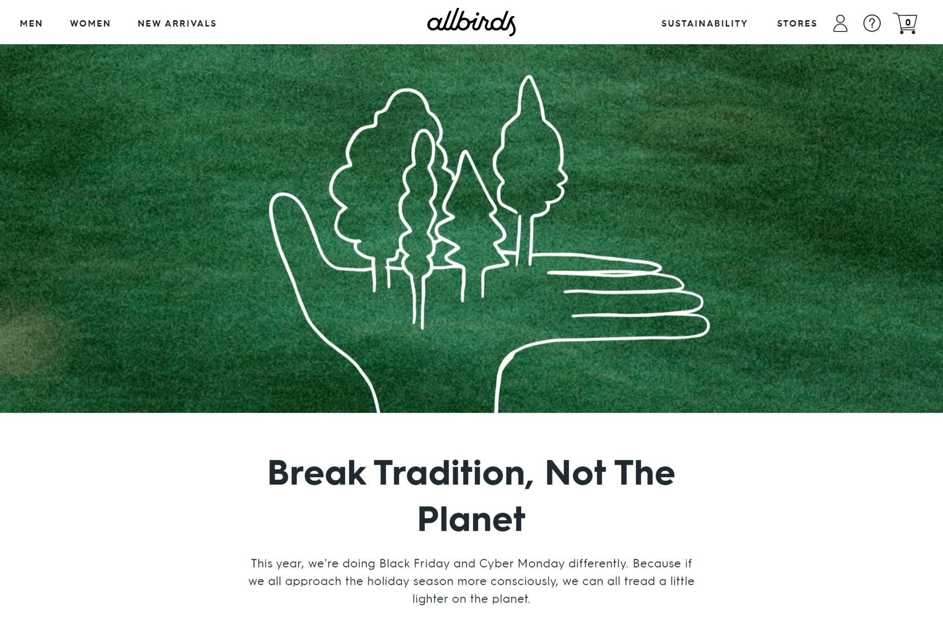 On Allbirds' Black Friday web page, the top image depicts an open human hand from which trees are growing. The title reads “Break tradition, not the planet”