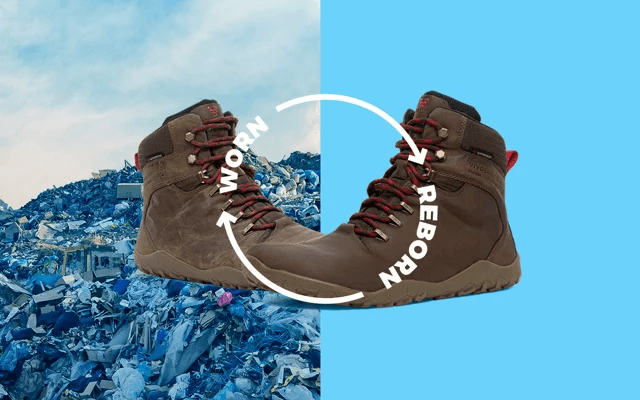Collage of two shoes: one aged and dusty, the other brand new, linked by circular arrows symbolizing the transformation from 'WORN' to 'REBORN' text