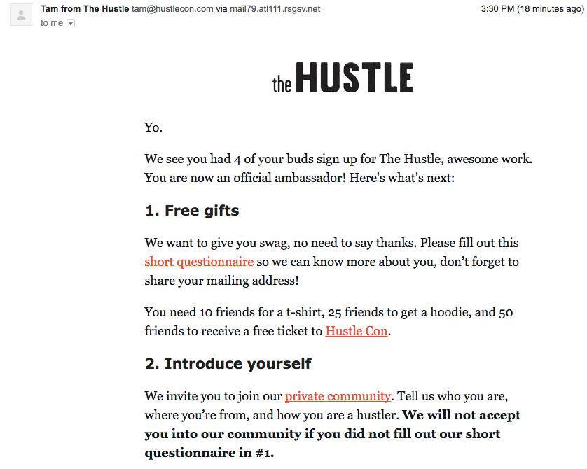 Example of a personalized email from The Hustle