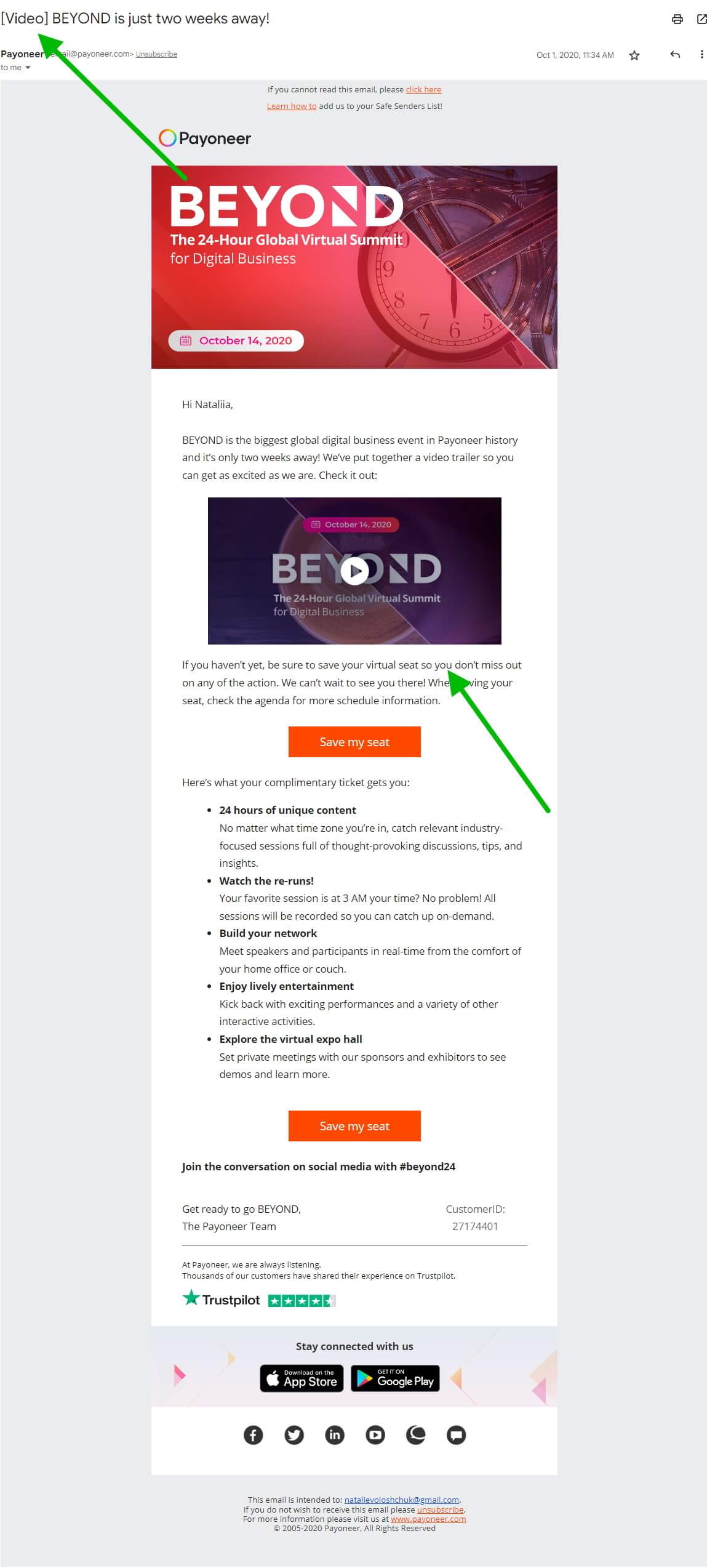 Video in an email: an email by Payoneer with a “video” made by an image with a Play button.
