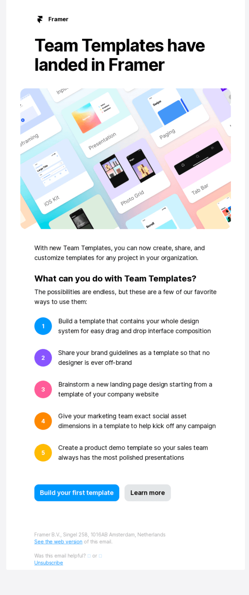 Announcement email from Framer