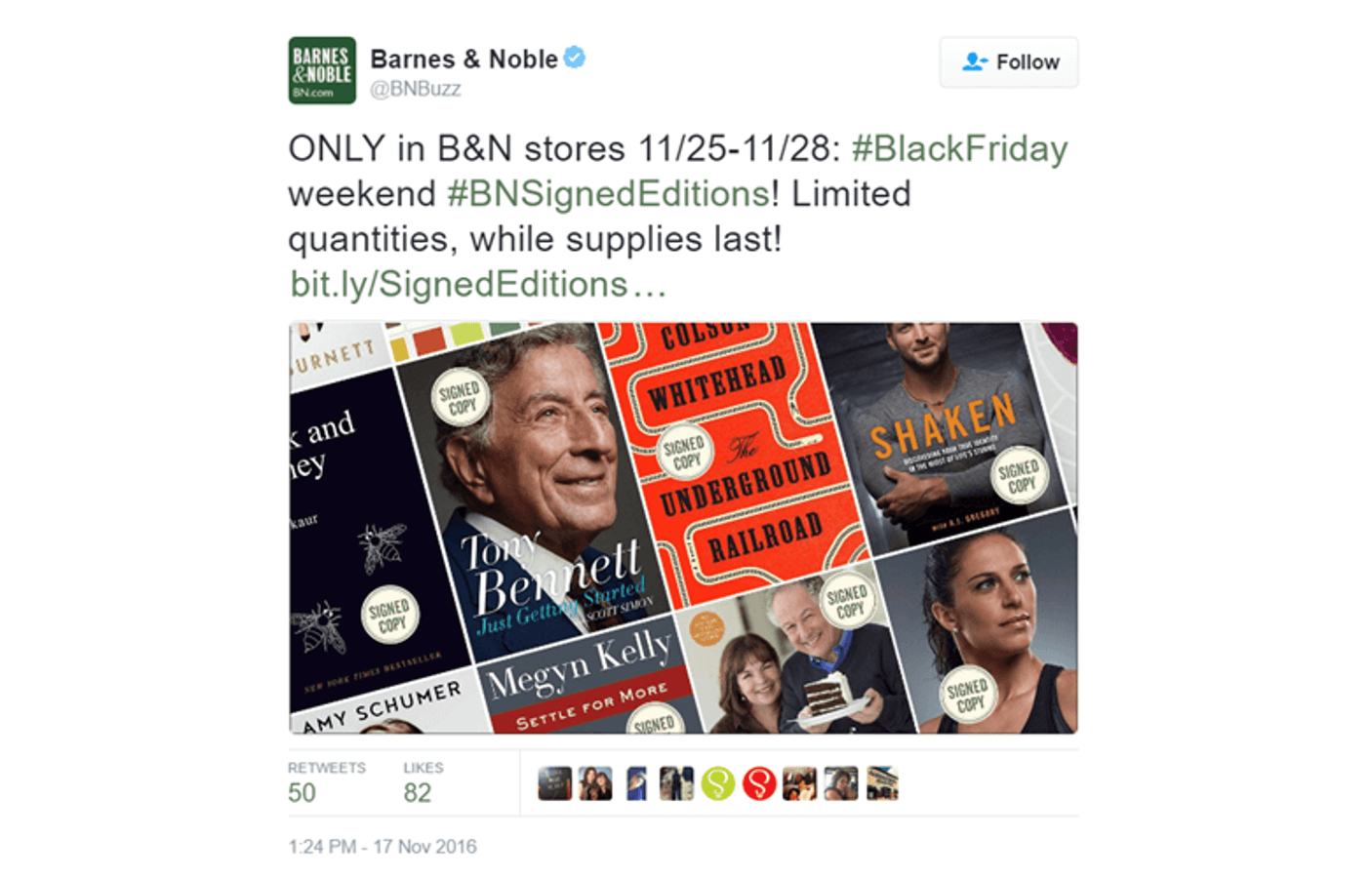 Barnes & Noble’s Black Friday post on Twitter announces the upcoming sales of the signed editions in their stores and warns that the quantities are limited