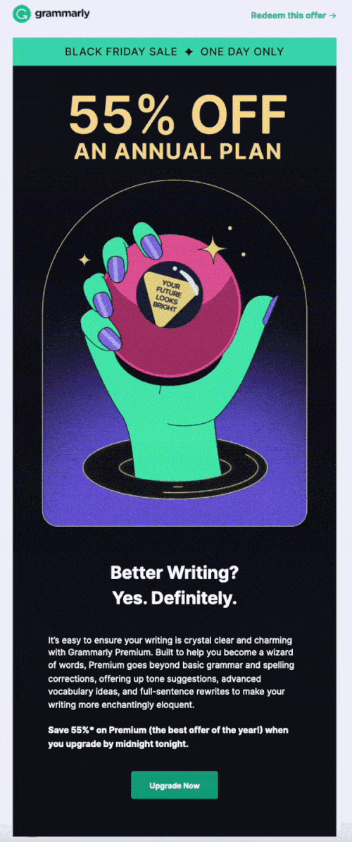 Black Friday email from Grammarly with a hand with a magic 8 ball GIF