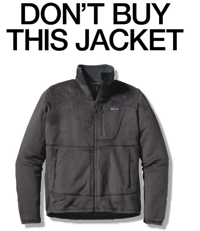 Poster featuring a gray fleece Patagonia jacket with the signature above that reads “DON’T BUY THIS JACKET”