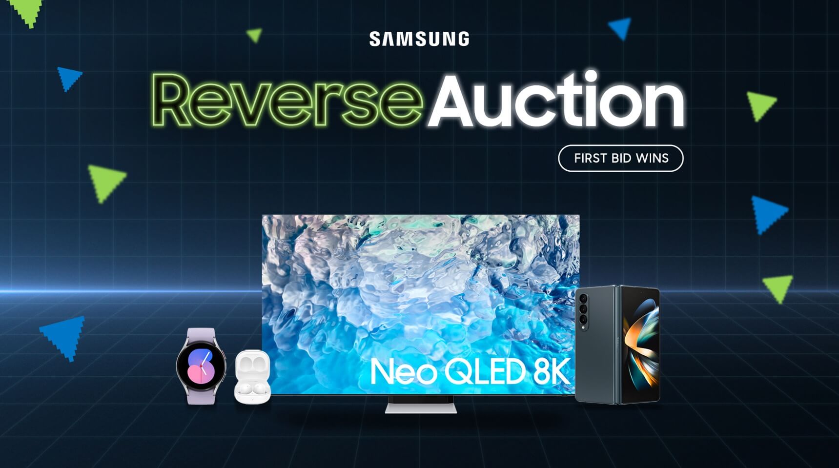 Samsung’s banner for Reverse Auction featuring an 85″ QN900B Neo QLED 8K Smart TV, Galaxy Buds2, and Galaxy Z Fold. There is a button in the upper right corner that reads “FIRST BID WINS”
