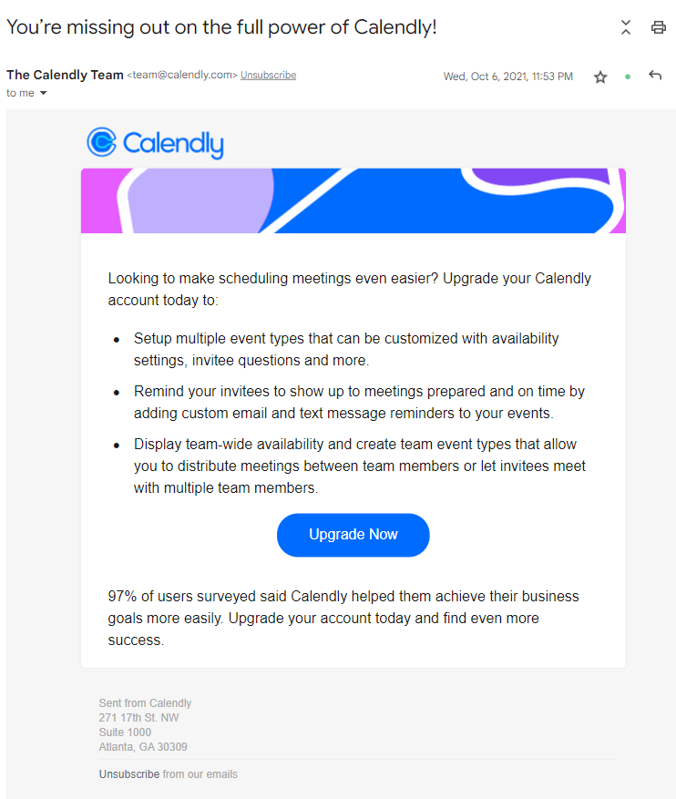 Calendly’s email offering an upgrade
