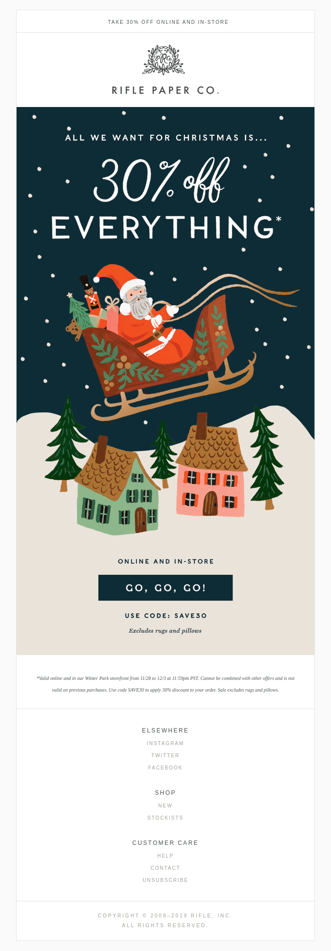An email with an illustration of a Santa riding his sleigh above two houses in the snow. The banner text says All we want for Christmas is… 30% off everything