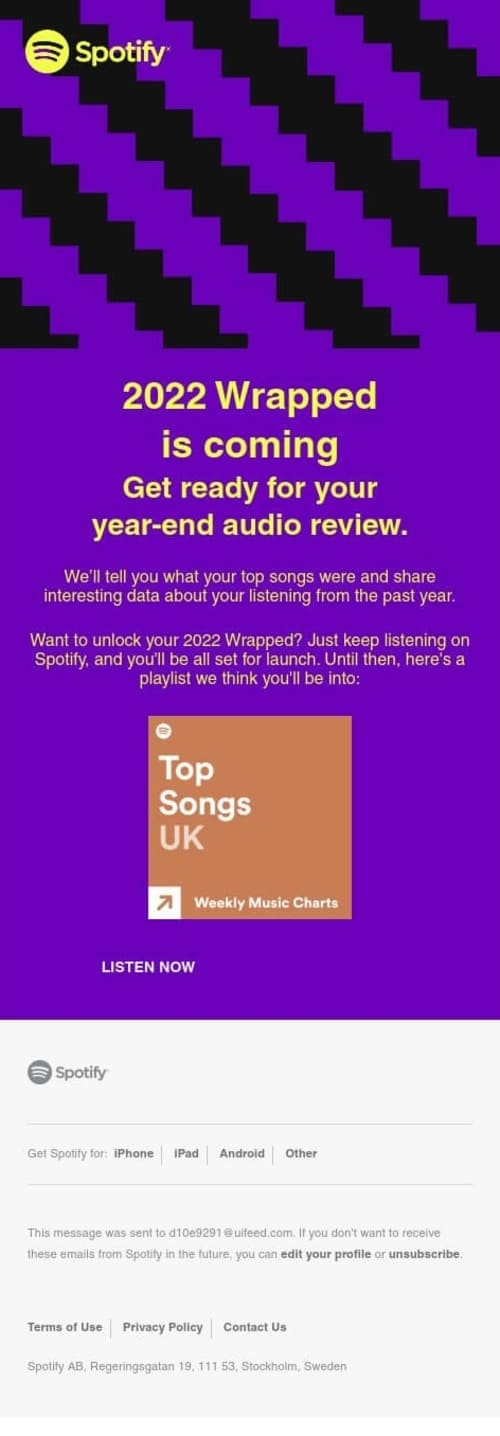 A Spotify email announcing that the year’s Wrapped is coming
