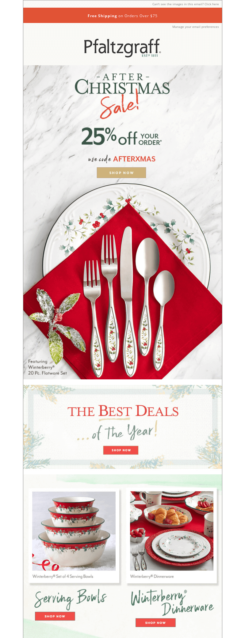 An email promoting festive dinnerware with photographs of the products along with red napkins.