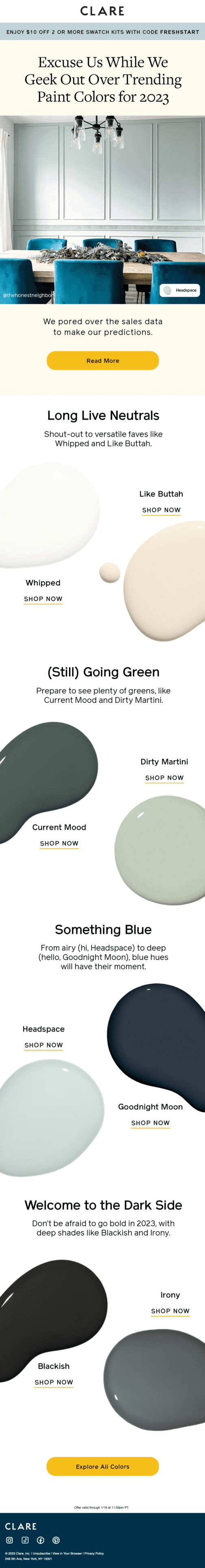 A Clare email trending paint colors for 2023 including neutrals, blues, and darks