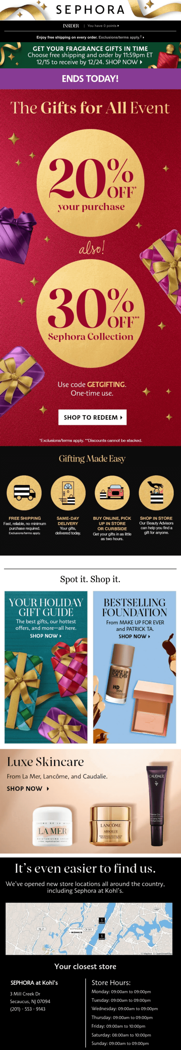 A Sephora email with a one-time discount code, product recommendations, and the shop’s advantages listed.