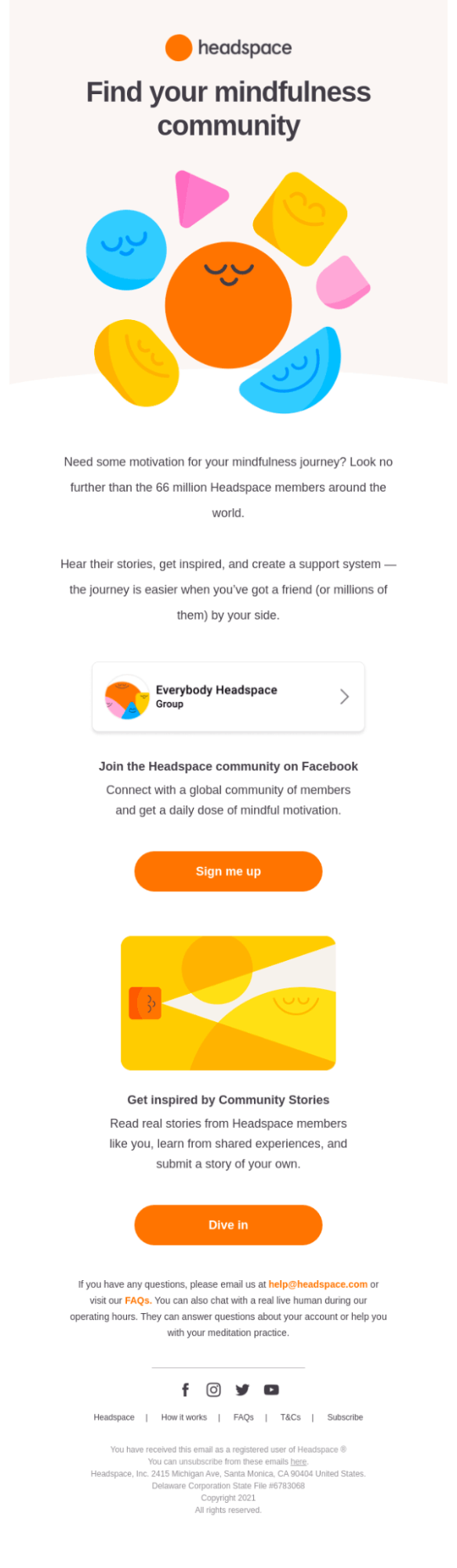 Email lead nurturing campaign by Headspace