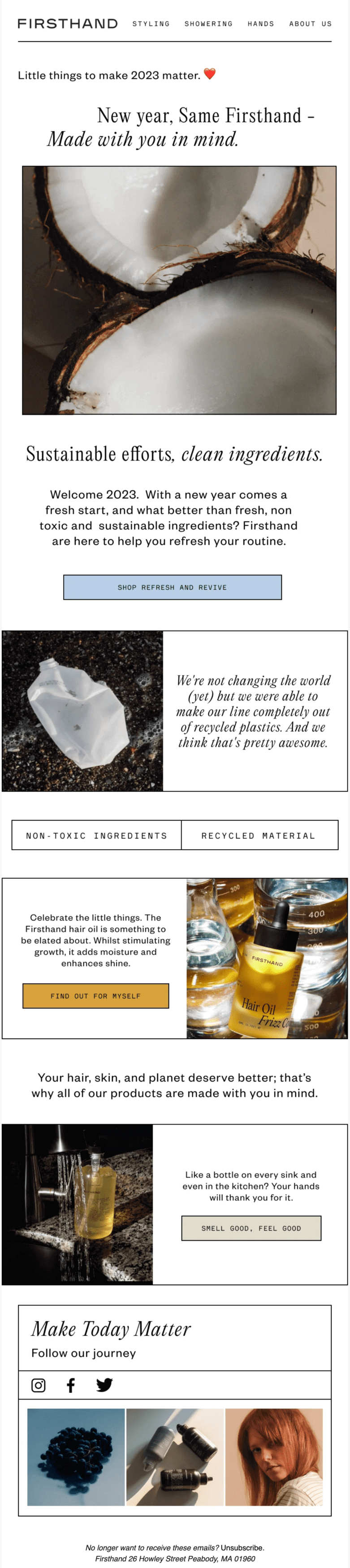 An email from Firsthand detailing the brand’s sustainability efforts