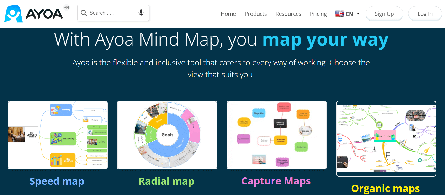 Ayoa offers speed maps, radial maps, capture maps and organic maps