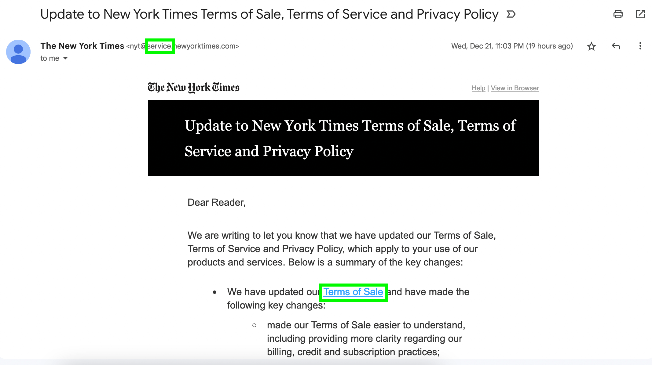 An email from New York Times’s subdomain with a link